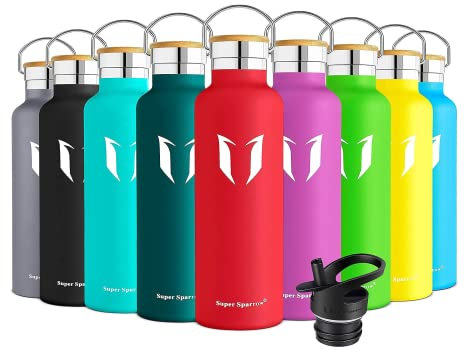 Super Sparrow Water Bottle Stainless Steel - 620ml - Insulated Metal Water Bottles - Standard Mouth Flask - BPA Free - Straw Bottle for Work, Gym, Sports - 2 Lids
