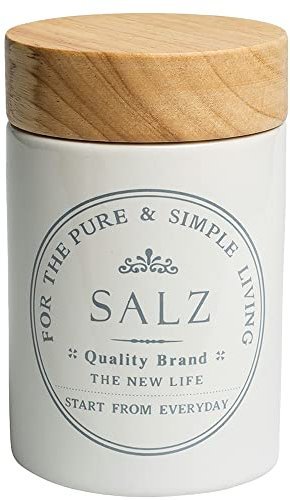 KHG Salzdose Keramik Steingut Weiß Holzdeckel Bambus, Salz Aufbewahrung luftdicht für ca. 1 kg feinen Salz, Salz-Vorratsdose rund, Oberfläche glänzend glasiert Emaille, beschriftet