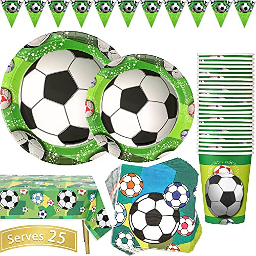 Football Party Supplies 102PCS Sports Theme Kids Birthday Tableware Set Includes Plates, Cups, Napkins, Tablecloth and Banner, Reusable Serves 25