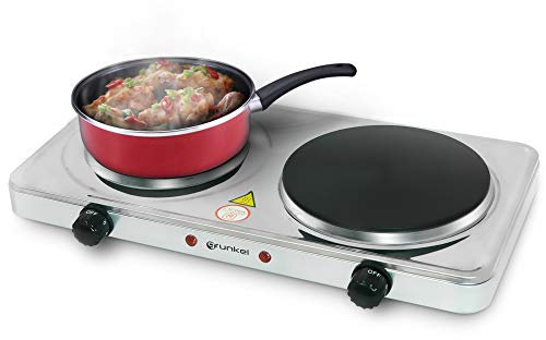 Grunkel - Hornillo Eléctrico de Doble Placa de 15,5cm y 18,5cm - EHP-218INOX - Cocina Eléctrica Doble portatil ideal para Caravanas, Camping o Cocinas Pequeñas -1000W + 2000W- Acero inoxidable