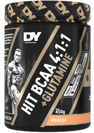 DY Nutrition HIT BCAA 4:1:1 + Glutamine, 450g, 30 Servings (Peach Flavour) Branch Chain Amino Acid Powder Drink for Optimal Pump & Performance | Pre & Intra Workout Supplement