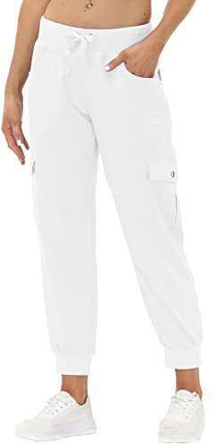 JINSHI Hosen Damen Cargohose Lange Capri Freizeithose Outdoor Jogginghose High Waist mit Kordelzug Weiß L