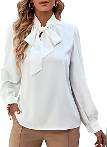 Rooscier Blusa Elegante de Gasa con Cuello de Lazo de Manga Larga con puños de Botones para Mujer, Blanco, XX-Large