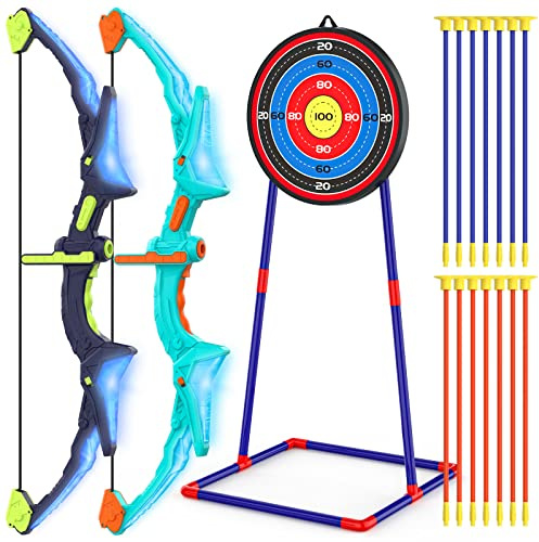 2 Pack Bow and Arrow Set for Kids, Light Up Archery Set with 14 Suction Cup Arrows, Archery Targets Outdoor Games for Kids Ages 4-8 8-12, Birthday Gifts Toys for 5 6 7 8 9 10 11 12 Year Old Boys Girls