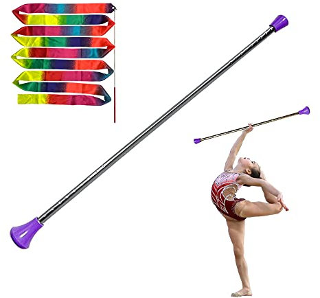 Dasiyoki Taktstock für Kinder in Majorette, drehbar, 66 cm, aus Metall, für rhythmische Gymnastik, mit 1 Tanzband, Regenbogen-Streamer (lila, 1 Stück)