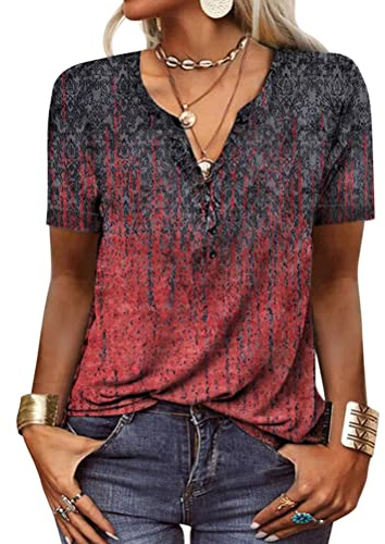 Onsoyours T-Shirt Col V Blouses à Manches Courtes pour Femmes Imprimé Tunique Tops Lâche Chemisier T-Shirts pour Femmes avec Boutons Basiques Haut Printemps été Vin Rouge L