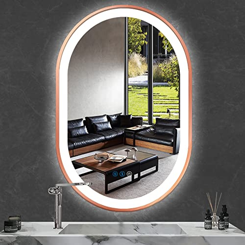 ARUMMA 32 X 20 Inch Rose Gold LED Oval Mirror with Lights Gold Frame Oval Lighted Vanity Mirror for Bathroom Wall Memory 3 Color Adjustable Lights AntiFog 32 Rose Golden Ovals Smart Light up Mirrors