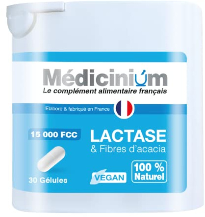 LACTASE & fibres d'acacia jusqu'à 60000 FCC par jour, digestion du lactose, nomade, végan, fabriqué en France par Médicinium, 30 gélules de 15000 FCC, à partir de 3 ans