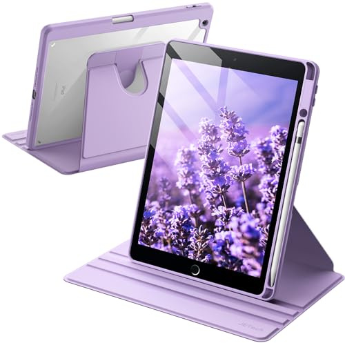 JETech Rotante Custodia per iPad 9/8/7 (10,2 Pollici, 2021/2020/2019 Modello, 9a/8a/7a Generazione) con Portapenne, 360 Gradi Rotazione Protettiva Cavalletto Cover Chiaro Indietro (Viola Chiaro)