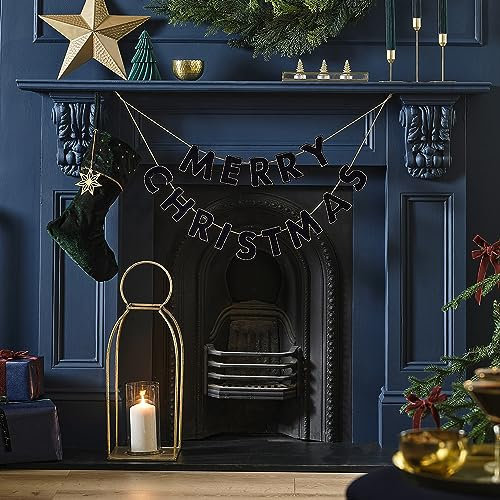 Ginger Ray Navy Velvet Beaded Merry Christmas Bunting Streamer Garland Hanging Decoration