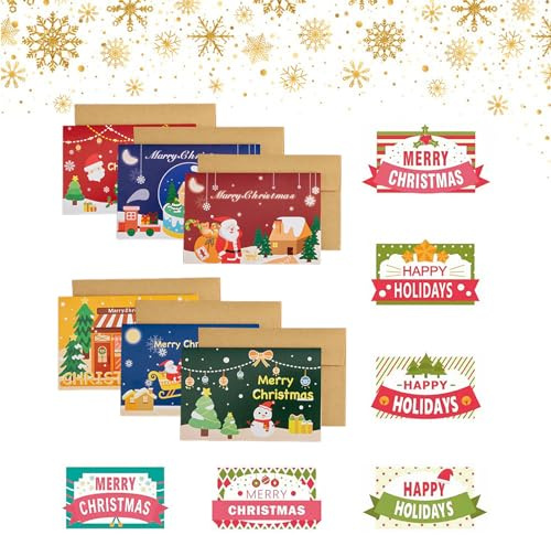 Cartes de Noël,Cartes de Vœux de Noël Pliées avec Enveloppes,Carte de Noel,Carte Noel,Carte Joyeux Noel 6pcs,Autocollants de Noël 6pcs,Cartes de Cadeaux de Vacances,pour la Saison de Noël d'Hiver