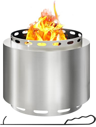 Outsunny Smokeless Fire Pit, 48.5cm Portable Wood Burning Firepit with Poker for Garden Camping Bonfire Party, Stainless Steel, Silver