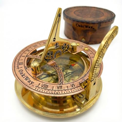 OakiWay Brass Sundial Compass in Leather Case - Nautical Gifts for Men, Antique Sailing Anniversary Gadget for Him, Unusual Unique Nautical Decor, Naval Maritime Pocket Watch Clock (2.7 Inch)