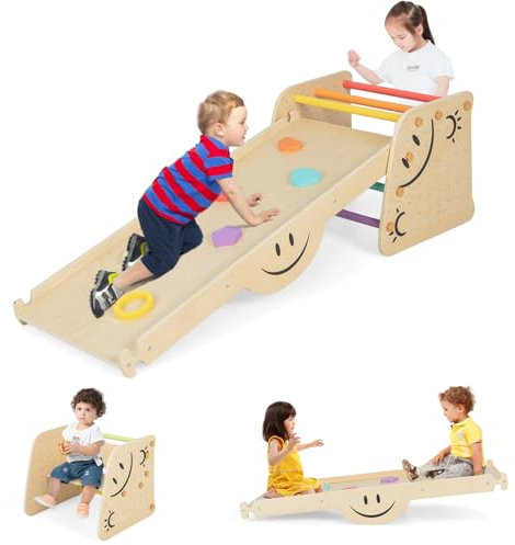 COSTWAY Triángulo de escalada con tobogán, 6 en 1, estructura de escalada interior, incluye taburete de altura ajustable y balancín, escalera de escalada de madera, parque infantil interior para niños