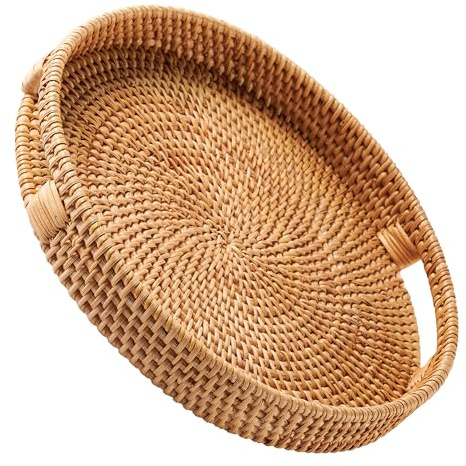 Rattan Serving Tray 34cm / 13.8 • Woven Serving Trays with Handles for Home by JUNGLE CULTURE® • Round Coffee Table Tray • Wicker Serving Basket for Bread, Fruit, Candles • Natural Honey