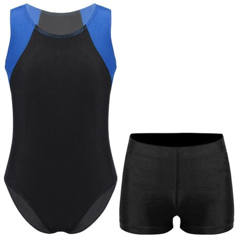 iiniim Kinder Ballettanzug Jungen Turnanzug Gymnastikanzug Turn-Leotards Ballett Trikot Ärmellos Tanzbody mit Shorts Gr.110-116 Royal Blau&Schwarz 158-164