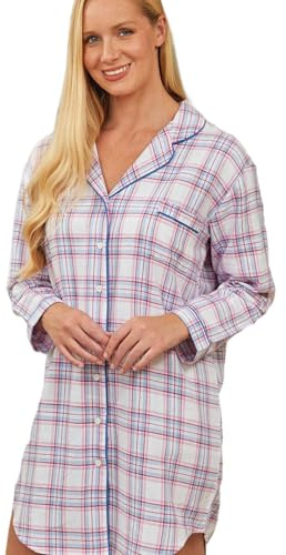 Tesmark Camicia da notte da donna 100% cotone spazzolato a quadri Paris e Cat Alice design camicia da notte rosa e blu a maniche lunghe abito da notte da donna taglia 40-54, Design a quadretti, 16-18