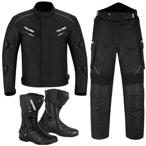 Motorcycle Suit Waterproof Motorbike Jacket for Men Boy CE-Armoured 2-Piece Motorbike Suits Cordura Rider Jacket with Motorcycle Trouser & Boots (UK, Alpha, XXL, Regular, Regular, Black)