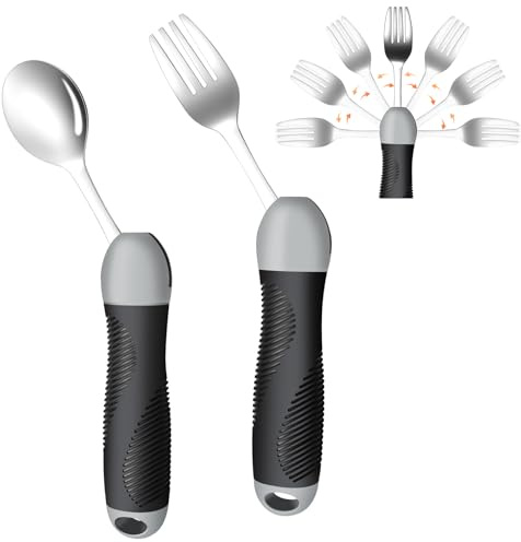 Weighted & Swivel Adaptive Utensils for Hand Tremors,Parkinson‘s - Comfort Grip Silverware Set, Eating Aids for Arthritis, Elderly & Weak Hands (Spoon & Fork)