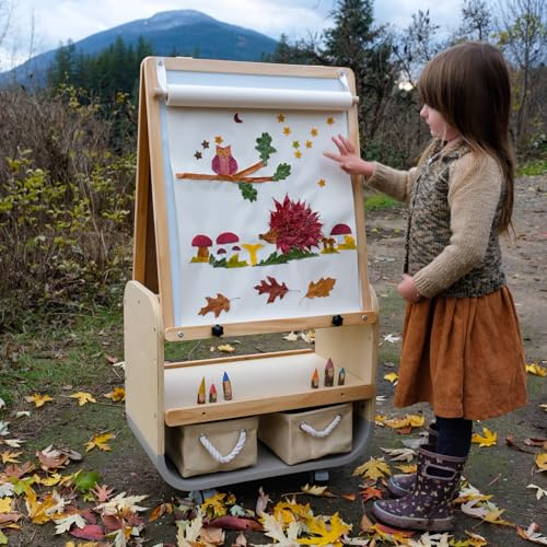 BanaSuper Chevalet Pour Enfants, Tableau Double Face Magnétique pour Enfants avec Roulettes, Surface de Dessin XL Réglable en Hauteur, Chevalet de Peinture en Bois, Sécurité Certifiée EN71