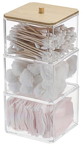SUMTree Stackable Qtip Cotton Ball Holder 3 Layers Acrylic Qtip Dispenser with Bamboo Lid, Floss Swab Dispenser, Bathroom Storage Jar Canister, Plastic Apothecary Jar for Kitchen Bathroom