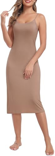 Lovasy Women's Full Slip for Under Dresses Cami Slip Mini Dress Adjustable Straps Basic Long Full Slips Nightgown Coffee,Large