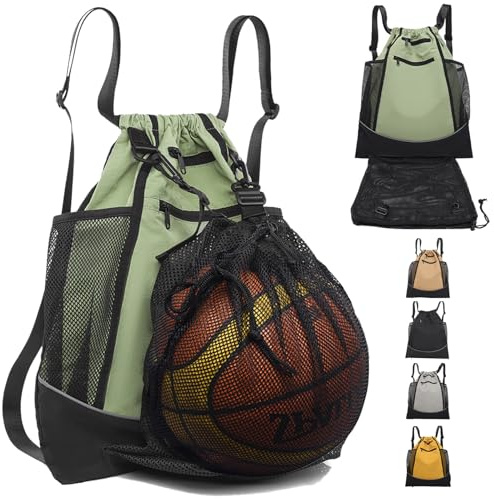 AUNGKWANG Mochila Deporte Niño, Mochila Deportiva Con Cordón Para Baloncesto, Mochilas De Fútbol Red Portátil De Pelota, para Pelotas Baloncesto, Fútbol, Voleibol (Verde)