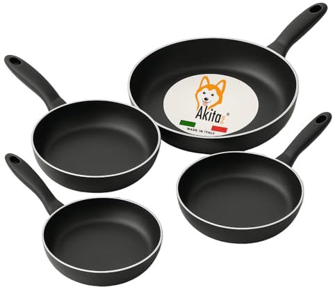 AKITAInk Set 4 Padelle Antiaderenti 16-20-24-28cm | Alluminio Leggero, Rivestimento PFOA Free, Fondo Antiaderente, Manici Soft Touch Made in Italy