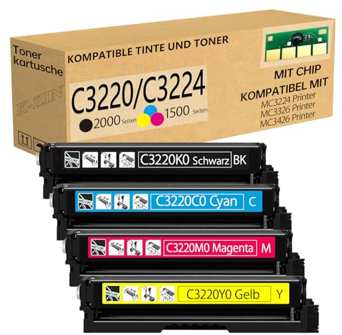 K-ZIN C3220 C3224 Tonerkartusche (mit Chip) Kompatibel mit Lexmark C3220K0 C3220C0 C3220M0 C3220Y0 Toner Geeignet für C3224 MC3426 MC3326 C3326 C3426 MC3224 Drucker (BCYM, 4er-Pack, 2000 Seiten)