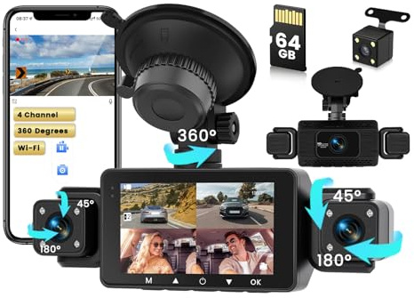 Inefala WiFi Dashcam Coche Delantero Trasero Interior con Tarjeta SD 64G, 1080P FHD 4 Canales Dash CAM, Cámara para Coche 360°con Ayuda a Marcha Atrás, Sensor G, visión Nocturna