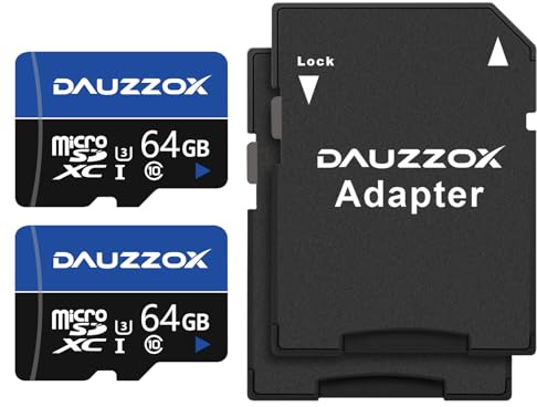 Cartes Micro SD 64Go Lot de 2, DAUZZOX Cartes Micro Mémoire MicroSDXC Full HD et 4K UHD, A1 U3 C10 UHS-I, Jusqu'à 85 Mo/s, Carte TF pour Smartphone, Caméra d'action, Enregistreur de Conduite