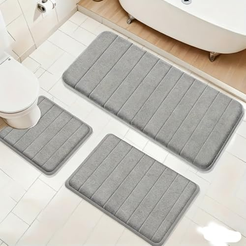Tapis Bain 3 PièCes, Mousse MéMoire Forme Souple Tapis WC Forme U, AntidéRapant, Absorbant, Lavable, Doux SéChage Rapide, Tapis Salle Bain pour Douche, Toilettes, Baignoire
