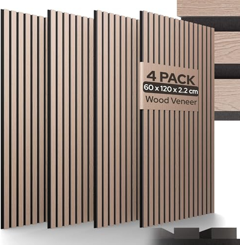 Arebos Acoustic Panels 120×60 cm – Wood-Effect Slatted Wall Panels for Walls & Ceilings | High Sound Absorption | Easy to Install & Cut to Size | Set of 4 Modern Decorative Panels