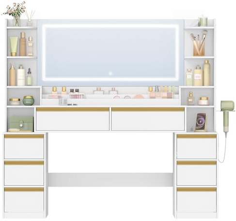 HEXCELEN Sminkbord med Spegel, Sminkbord, Justerbara 3-Färgade LED-lampor, Sminkbords med Kontakt, Hårtorkhållare, 8 Lådor, Öppna Förvaringsutrymmen, 40 x 150 x 140 cm, Modernt, Vit-Guld