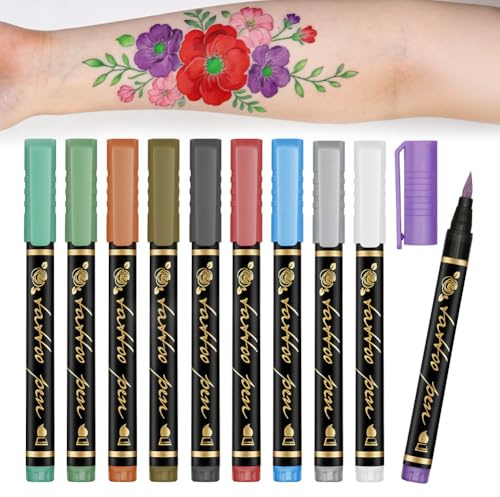 AYBUY Penna per Tatuaggi Temporanei, 10 Tattoo Pen per Pelle, Adatto per Ragazzo, Ragazza, per articoli fai da te di Natale Carnevale e Halloween