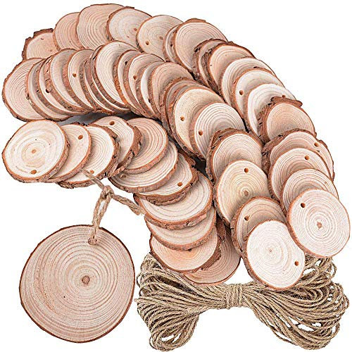 50 Stück Holzscheiben 5-6cm rund + 10 Meter Juteschnur Holz Deko Basteln Baumscheiben Natur zum Basteln Bemalen für DIY Handgemachte Hochzeit Handwerk Weihnachten Dekoration
