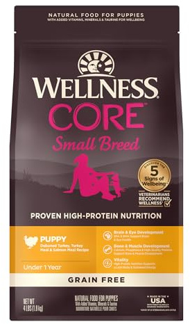 Wellness CORE Puppy Dry Dog Food, Small Breed, Grain-Free, High Protein, Natural, Turkey & Salmon Recipe, (4-Pound Bag)