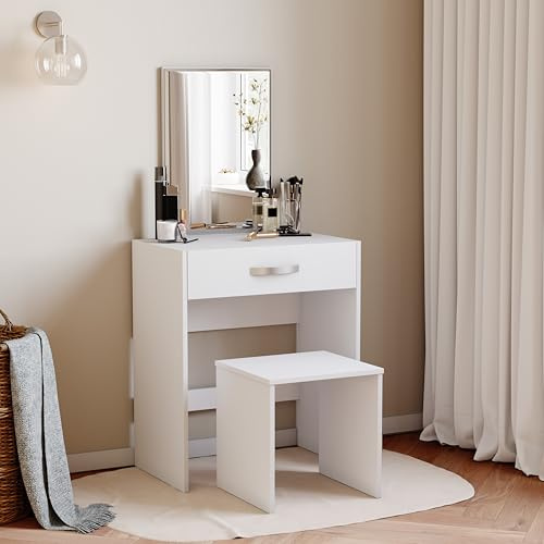Vida Designs Dressing Table Isla 1 Drawer Mirror & Stool Bedroom Set Makeup Vanity Cosmetics Storage Desk Dresser Furniture White