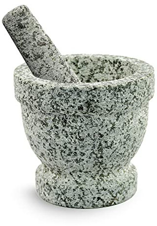 Set di mortaio e pestello, con ciotola in granito non lucidato, con sbuccia aglio incluso, ideale per guacamole, capacità di 354 ml, con cuscinetto protettivo per stabilità e per proteggere il piano di lavoro