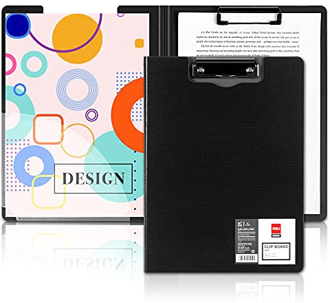 Deli Klemmbrett A4 mit Deckel aus Polypropylen, klappbares Schreibbrett in Schwarz, robust & wasserfest, ideal für Schule, Büro, Restaurant, Praxis