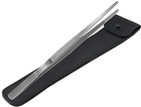 Profi Grillzange Grillpinzette Kochpinzette aus rostfreiem Edelstahl Pinzette mit Innenzahnung in Gerader Ausführung im Etui für präzises Fassen und Wenden von Fleisch, Würstchen oder Gemüse (25 cm)