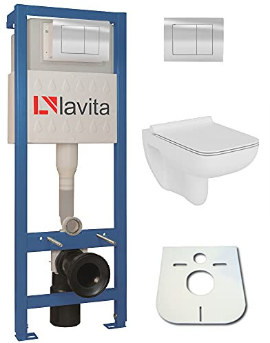 Domino WC-Set Vorwandelement inkl. Drückerplatte + Wand WC Capri Slim ohne Spülrand + WC-Sitz mit Soft-Close-Absenkautomatik (QS) Toilette Komplett Sett WC