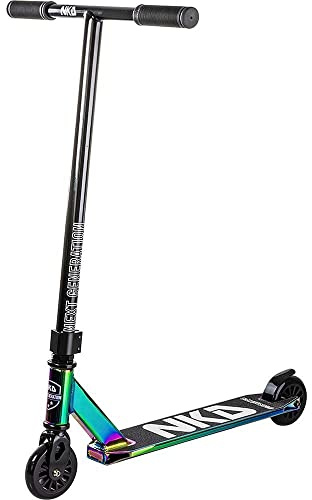 NKD Trottinette de Stunt – Next Generation | Roulements Haute Performance ABEC-9 | Guidon Rotatif à 360° pour Le Freestyle | Alliage d’Aluminium 6061 Durable (Noir Arc-en-Ciel)