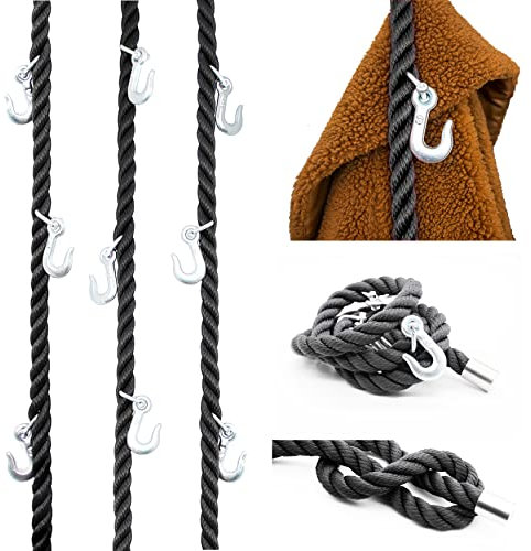 LeTOMA Seilgarderobe aus schwarzem PP-Seil mit Haken zum Aufhängen Decke, Wand im Industrial Design - Praktisch, elegant, platzsparend, Farbe Schwarz - 3x maritime Garderobe 160cm und 15 Metallhaken