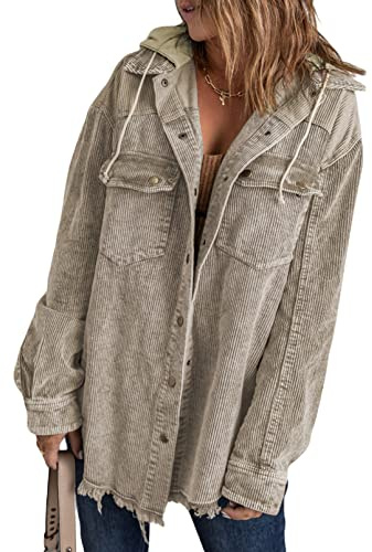Dokotoo Corduroy Shacket Jackets for Women Winter Clothing for Women Fashion Contrast Color Block Oversized Hooded Long Sleeve Flannel Shirts Button Up Pocketed Casual Fall Clothes Outerwear Khaki M