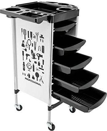 Chariot de salon avec 5 tiroirs extensibles - Support pliable - Pour coiffeur - Chariot de travail - 52 x 36 x 90 cm - Blanc
