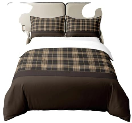 Homewish Vintage 100 % bomull påslakan, rustika sängkläder för pojkar flickor, bondgård rutigt täcke för stugstugstuga, geometriskt gitter sängset med 2 örngott andas, dubbel, brun