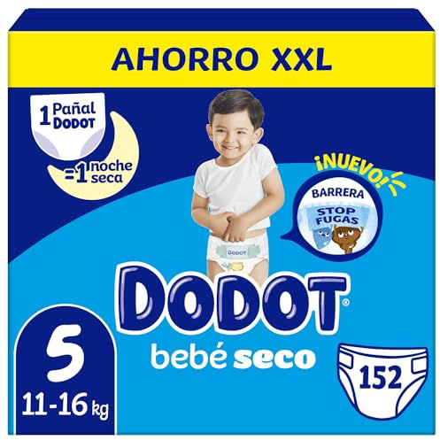 Dodot Bebé-Seco Pañales Talla 5, 152 Pañales, 11kg-16kg, Una noche hasta un 100% libre de fugas