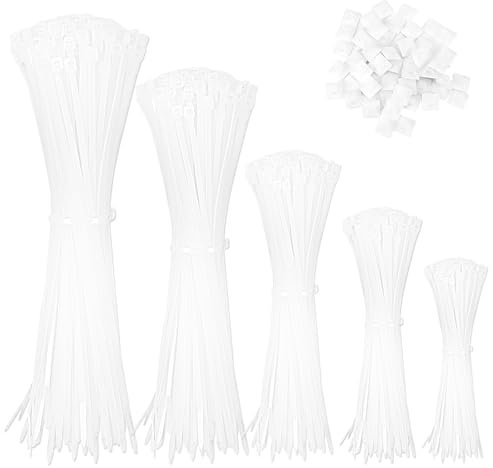 1000 Stück Kabelbinder weiß 100/150/200/250/300mm Und 50 Klebesockel,Kabelbinder UV Bestandig Temperaturbeständig für Kabelmanagement, Gartenarbeit, Wohnen und Werkstätten