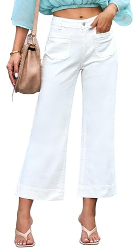Roskiky Jean baggy pour femme, taille haute, évasé, cropped, denim, extensible, baggy avec poches plaquées, blanc crème, XL